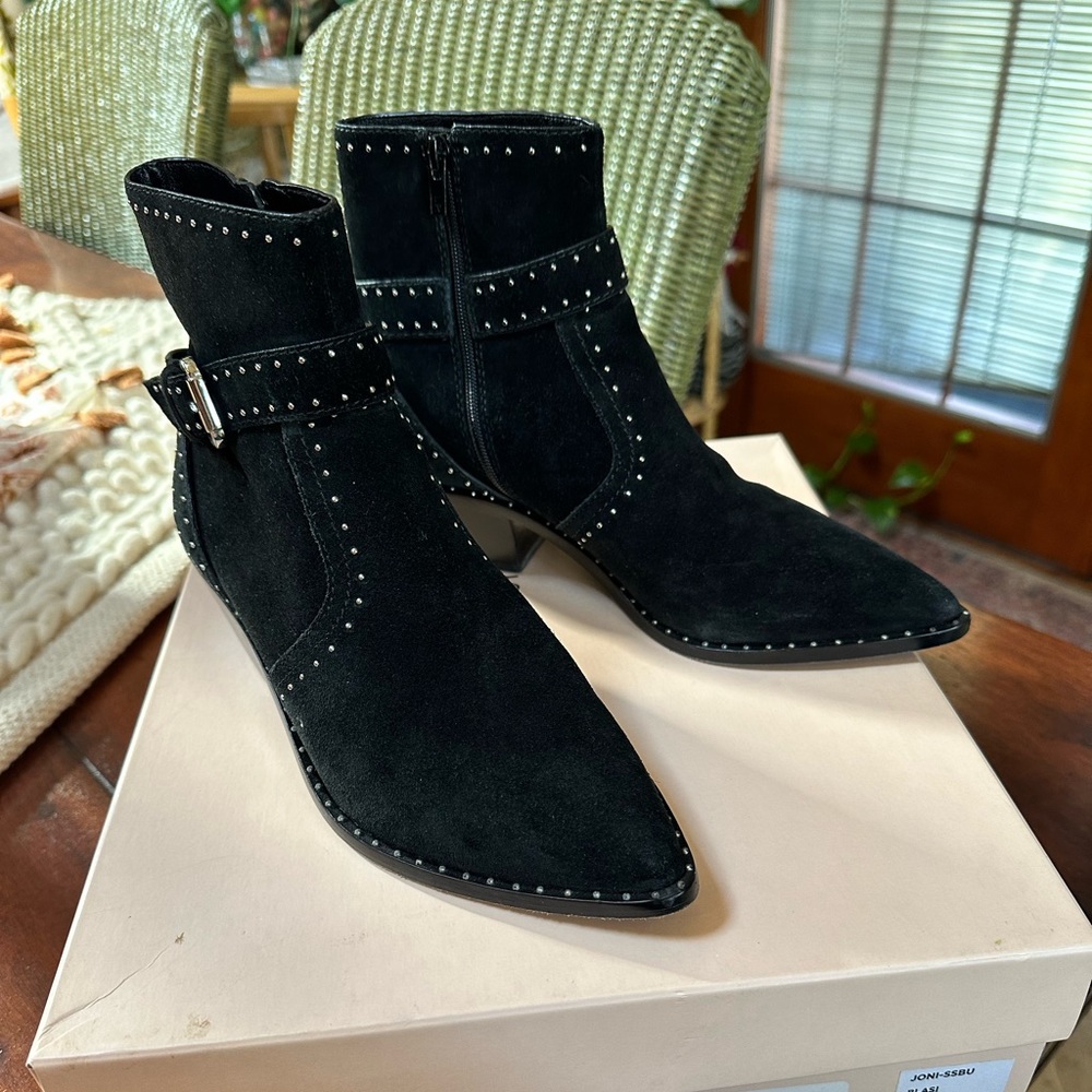 Loeffler Randall Joni Stud black leather buckle stud booties boots $250 boxed 7